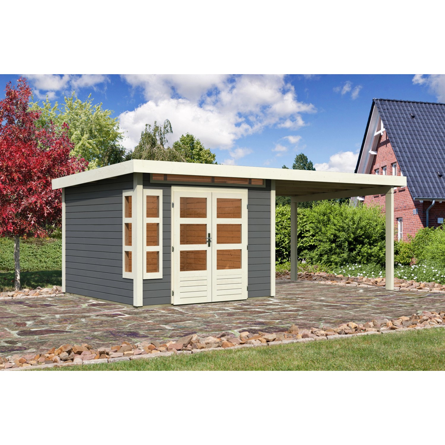 Karibu Holz-Gartenhaus/Gerätehaus Kastberg Terragrau Flachdach Lackiert 270 cm x 270 cm