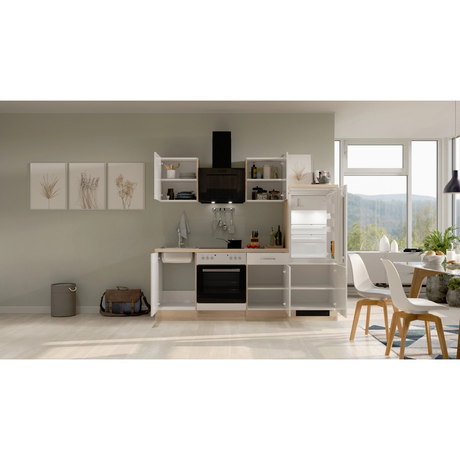 Flex-Well Exclusiv Küchenzeile/Küchenblock Valero 220 cm Hochglanz Weiß - Sonoma Eiche
