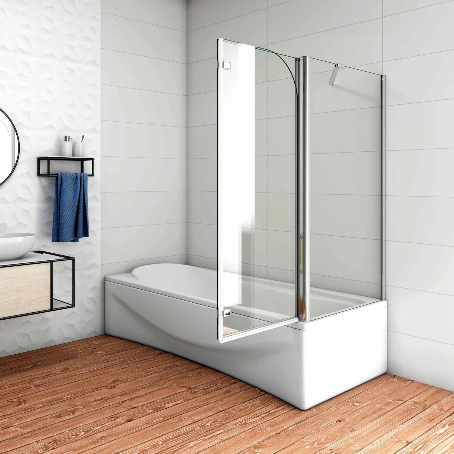 AICA Badewannenaufsatz mit Seitenwand, 2-teilige Duschabtrennung aus Glas mit Chromrahmen.