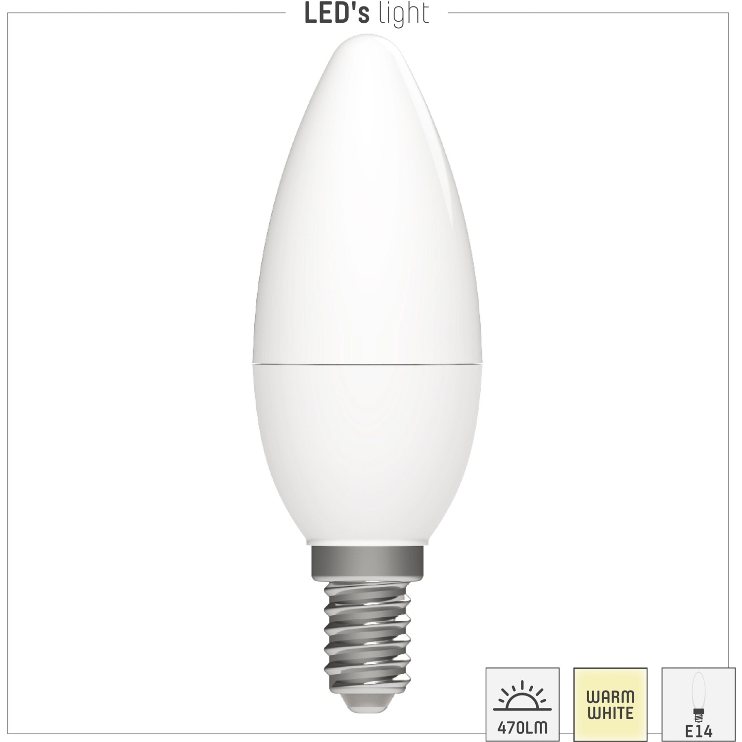 E14 LED-Leuchtmittel in Kerzenform C35, 4,9W, 470lm, warmweißes Licht.
