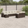 Braune 10-tlg. vidaXL Garten-Sofagarnitur aus Poly Rattan mit cremefarbenen Kissen.
