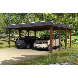 Skan Holz Carport Spreewald, Doppelcarport mit schwarzer Blende und nussbaumfarbenen Pfosten für zwei Autos.