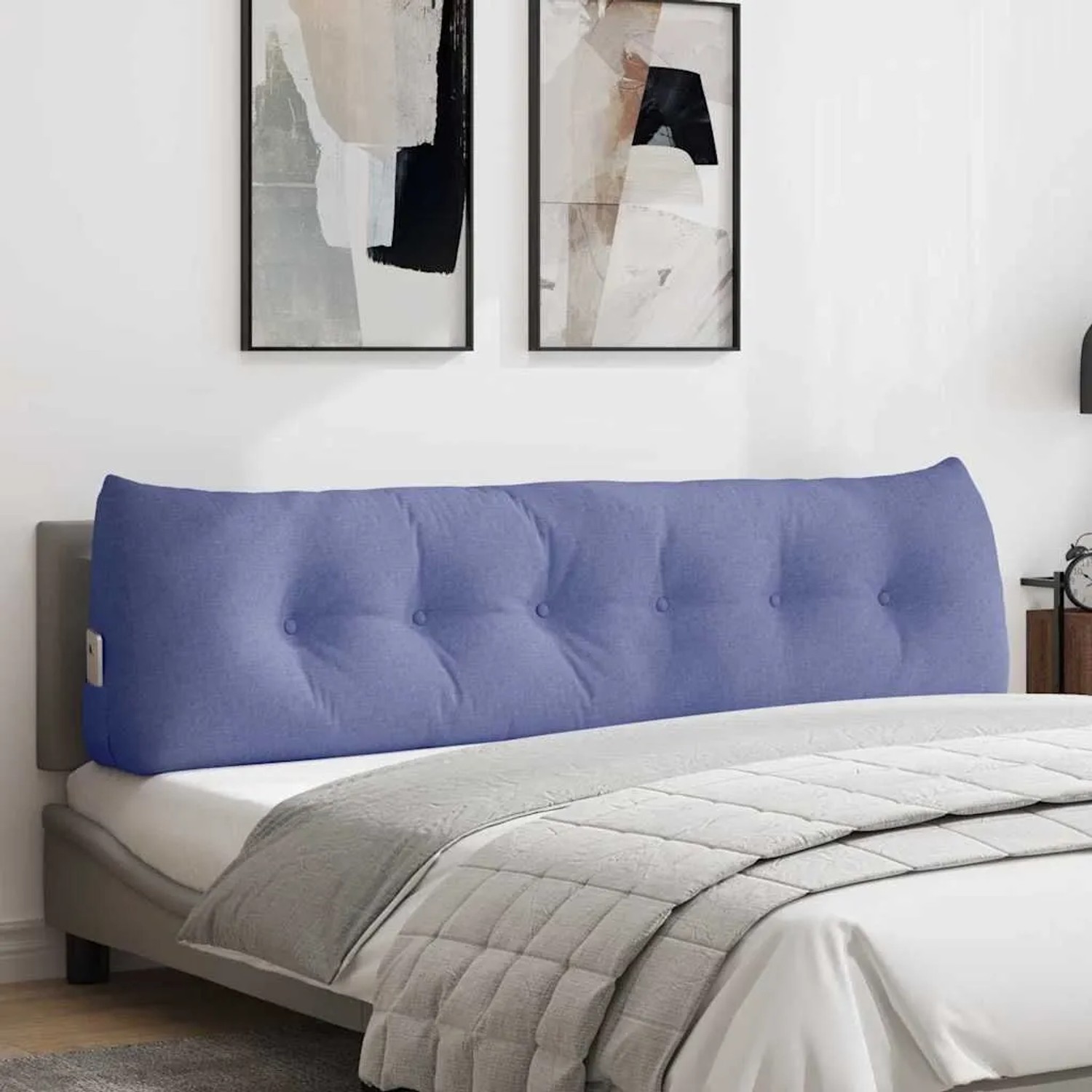 vidaXL Rückenkissen in Jeans Blau, Stoff, mit Knöpfen auf einem Bett. Ergonomisches Kissen für Schlafzimmer.