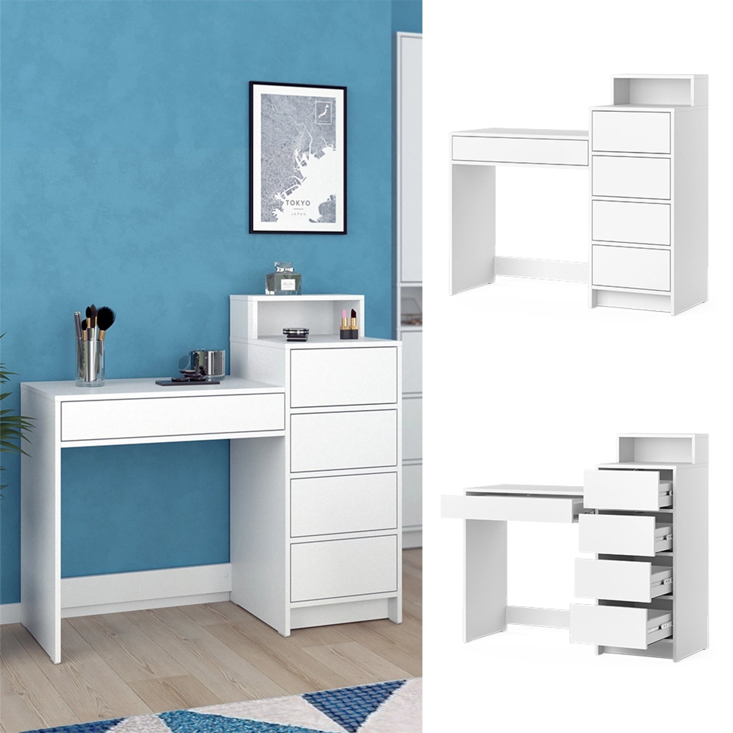 Vicco Schminktisch Naara Weiß 110.5 cm mit 5 Schubladen