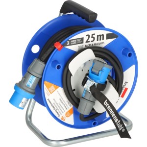 Brennenstuhl Camping-Kabeltrommel mit 25m Kabel, CEE Stecker und blauem Trommelkörper.