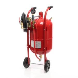 Roter Xpotool mobiler Sandstrahler 38L mit Rädern, Handgriff, Manometer und Schläuchen für Kompressoren.
