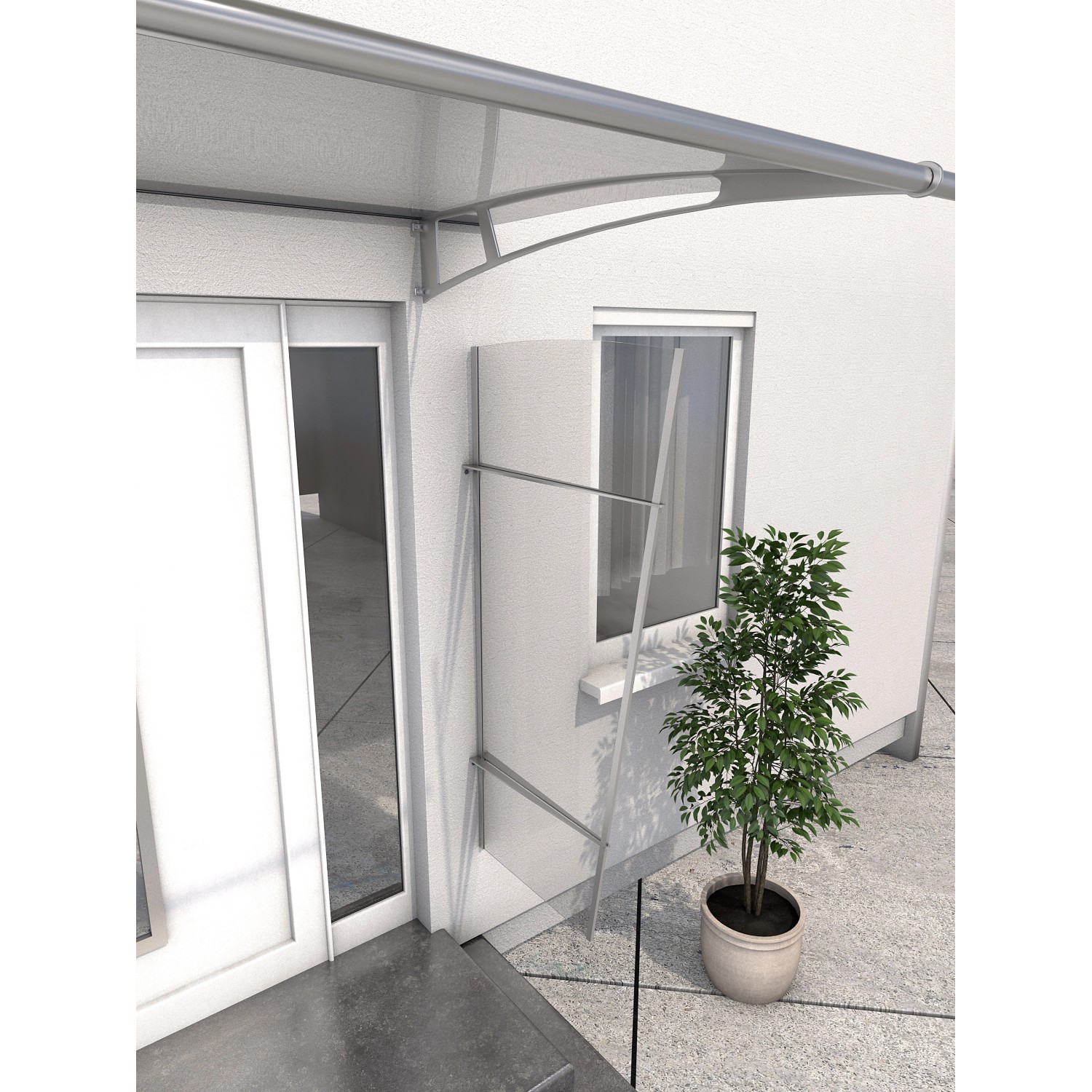 Seitenblende XL aus Edelstahl und Acrylglas klar für Pultvordach, Montage an Hauswand.