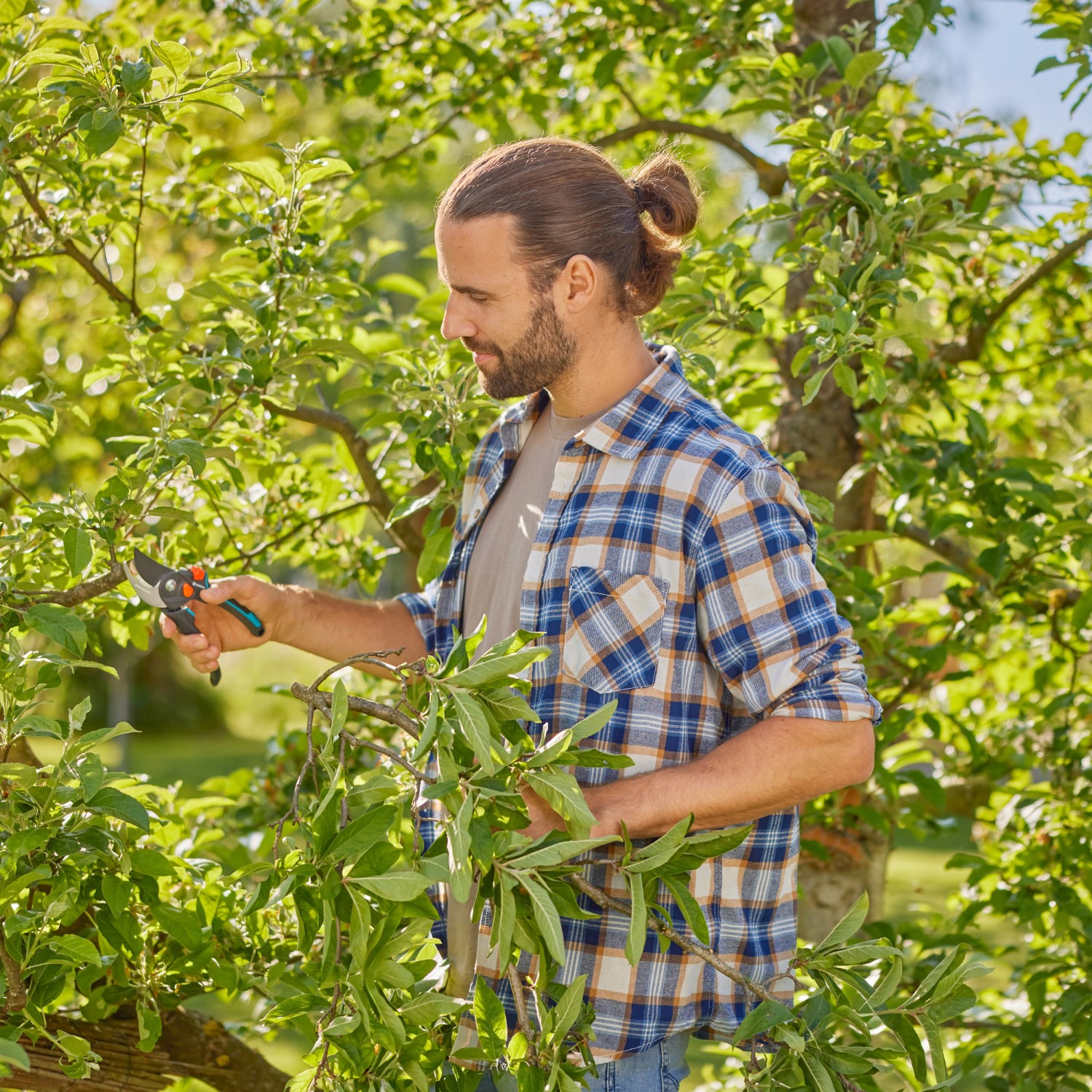 Mann schneidet mit Gardena Gartenschere PremiumCut Pro Äste im Garten.