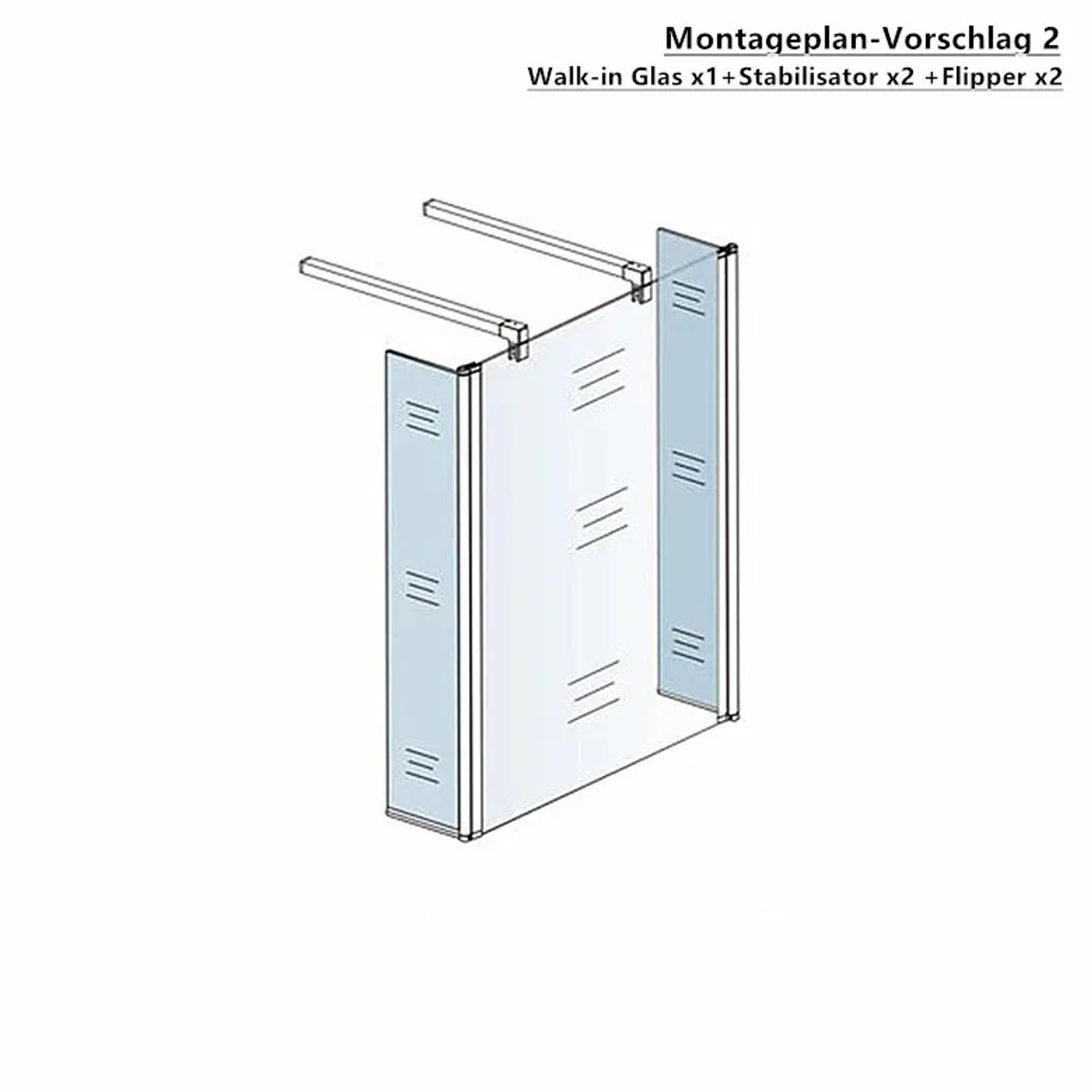 Skizze: Walk-In Dusche mit Glas-Flipper, Seitenwand und Stabilisatoren. Montagebeispiel.