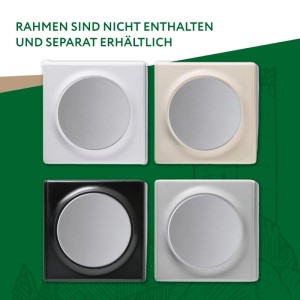 Vier OneKeyElectro Kreuzschalter ohne Rahmen in Weiß, Beige, Schwarz und Grau. Runde Lichtschalter für Unterputzmontage.