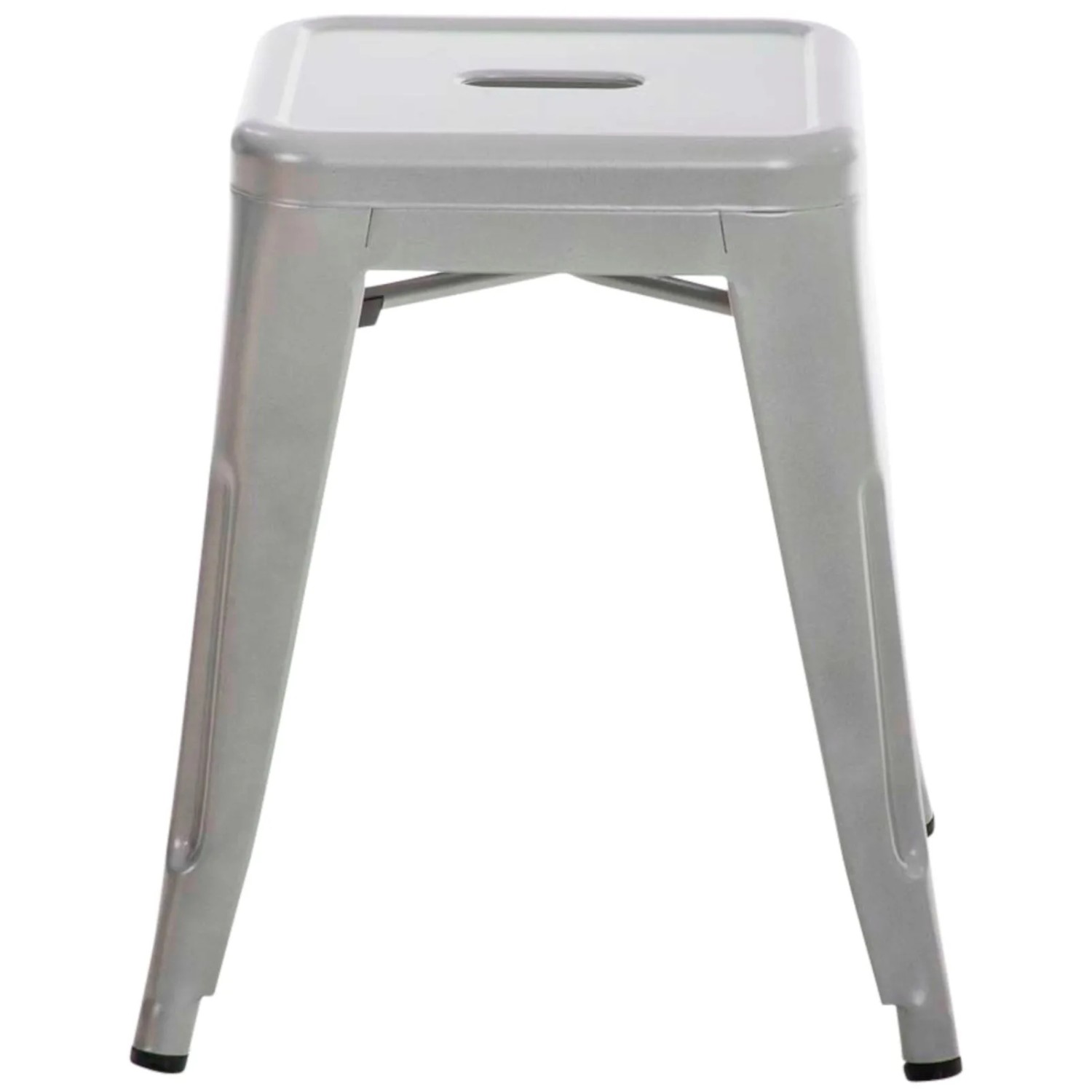 Silberner Metallhocker Armin im Industrial-Look, stapelbar, mit Vierfußgestell und rechteckiger Sitzfläche.