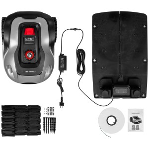 Texas Mähroboter RMX1600 mit Ladestation, Begrenzungskabel und Zubehör.