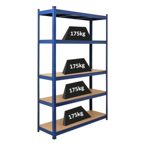 Blaues PROREGAL Schwerlastregal Ragnar mit 5 Böden und Gewichten zur Demonstration der Traglast.