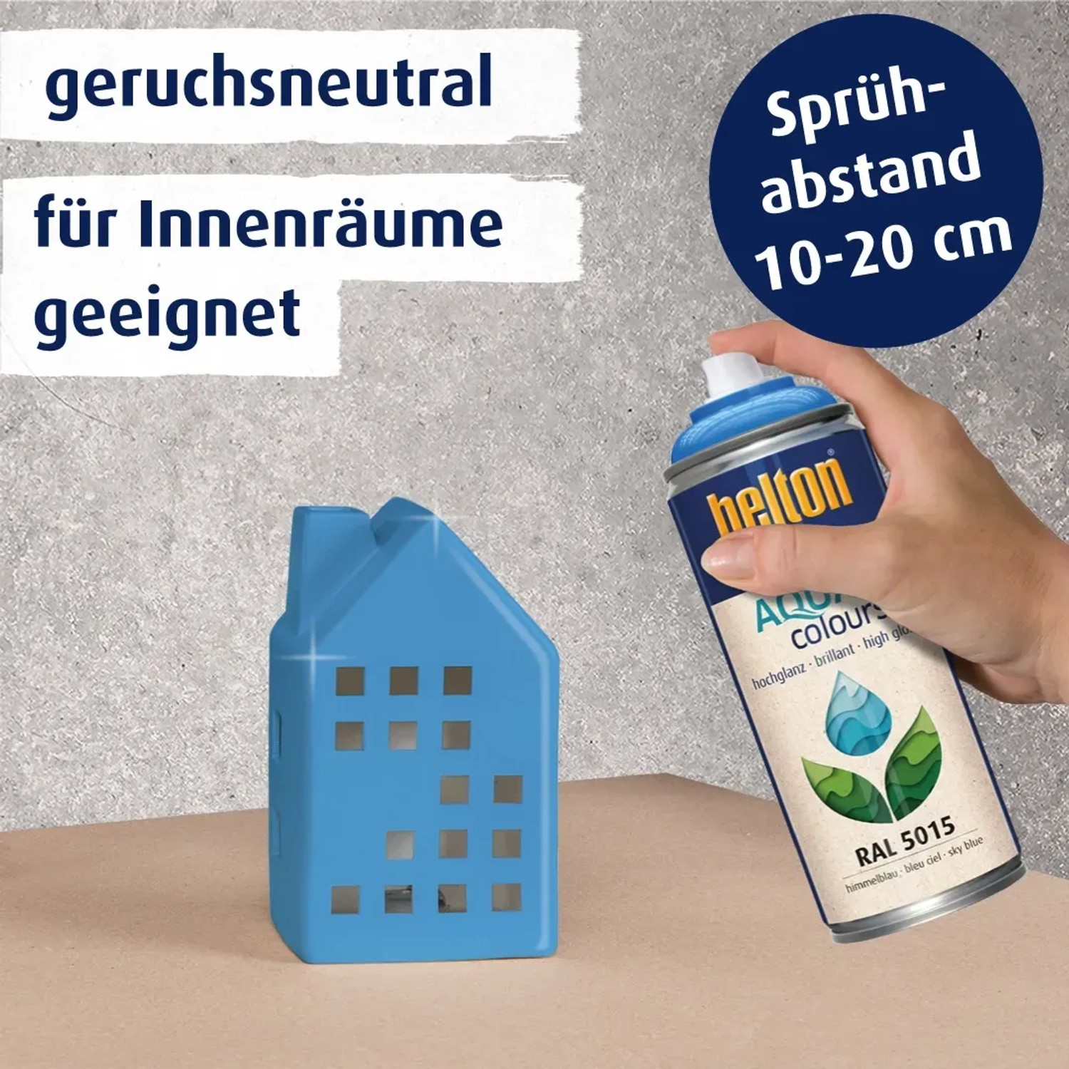 Belton Free AQUAcolours Buntlack Spray RAL 5015 Himmelblau, hochglänzend, mit Farbbeispiel.