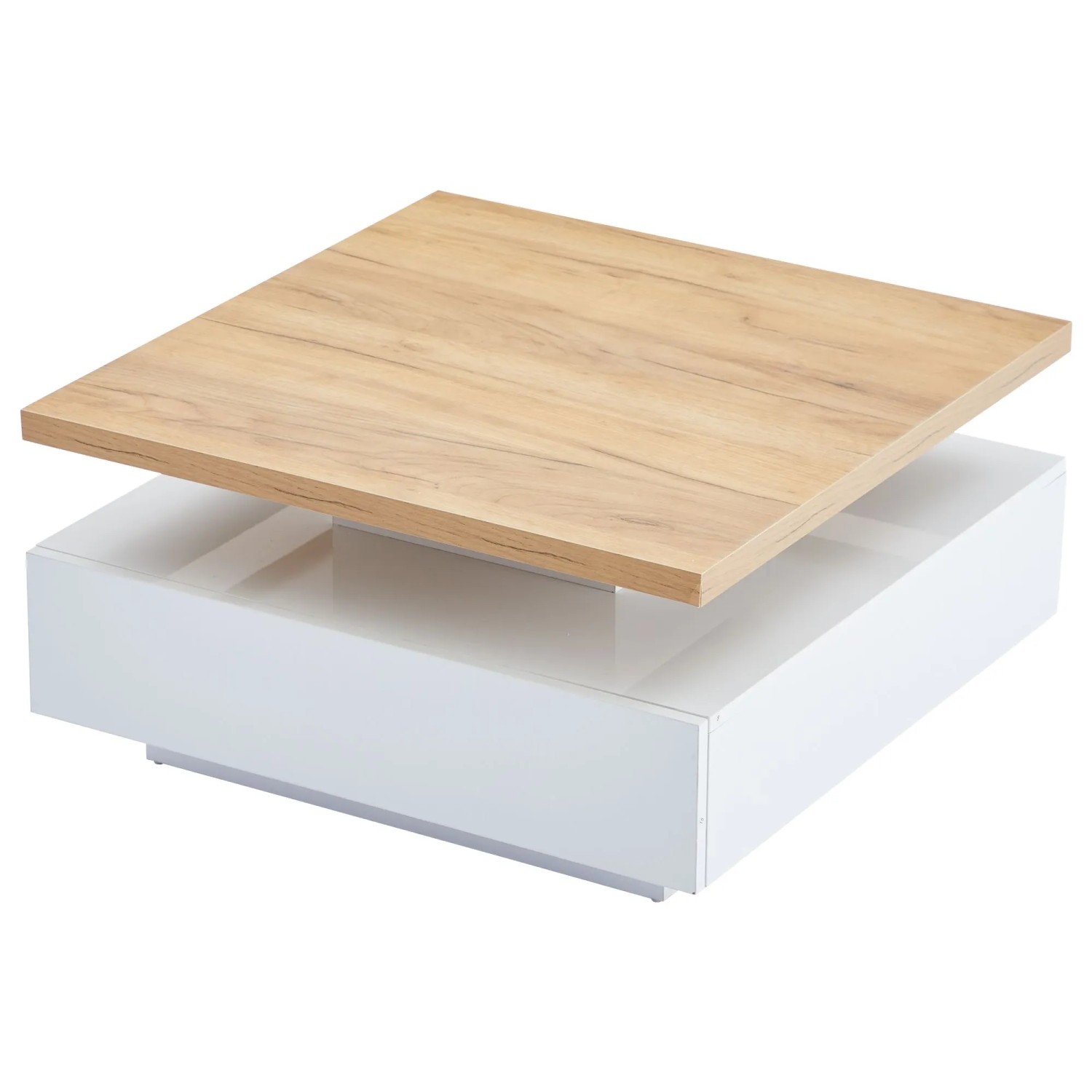 ModernLuxe Couchtisch mit 1 Schublade 360° Drehbarer Tischplatte Spanplatte Weiß Natur