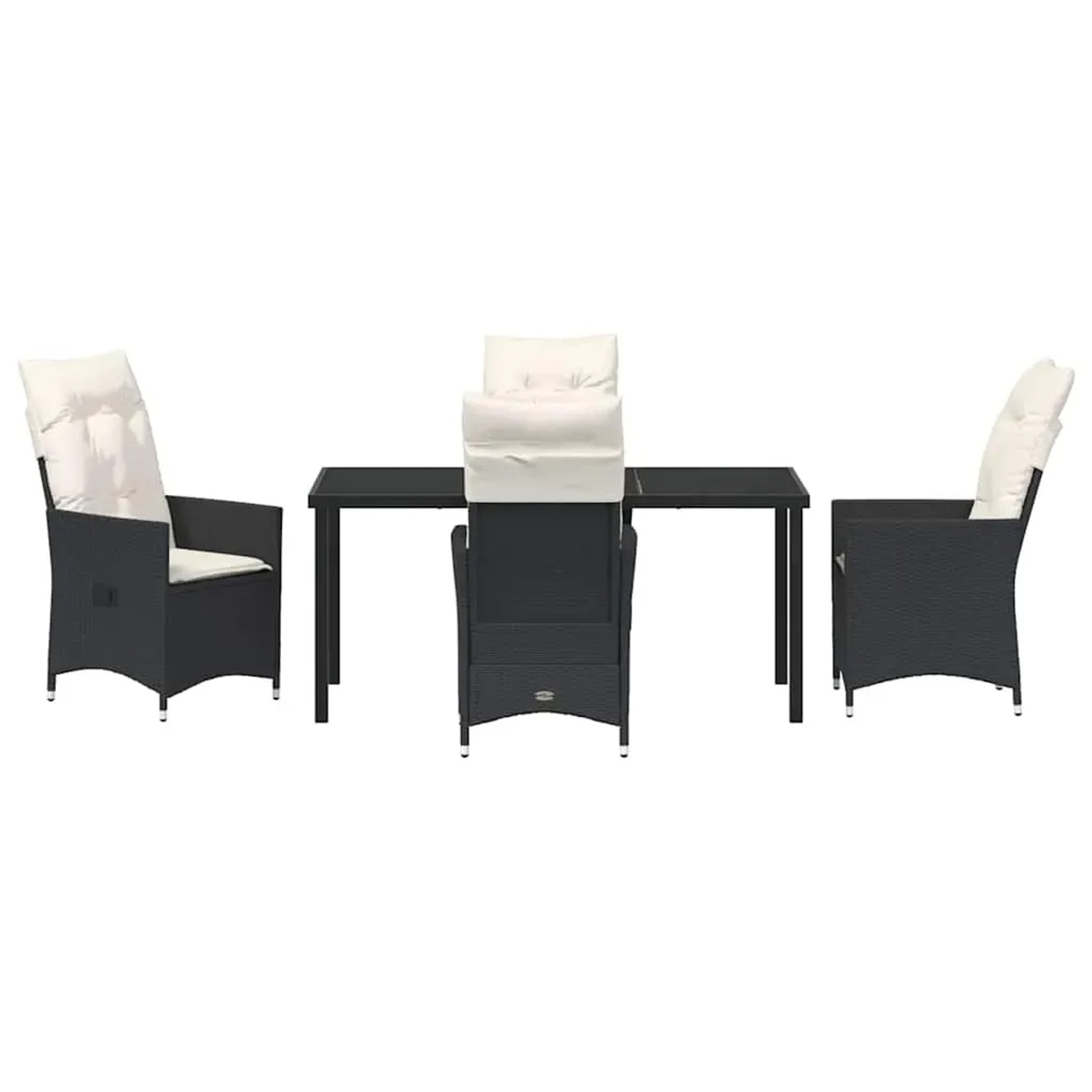 Schwarze 5-tlg. vidaXL Garten Essgruppe aus Polyrattan mit Tisch und Sesseln mit Kissen.