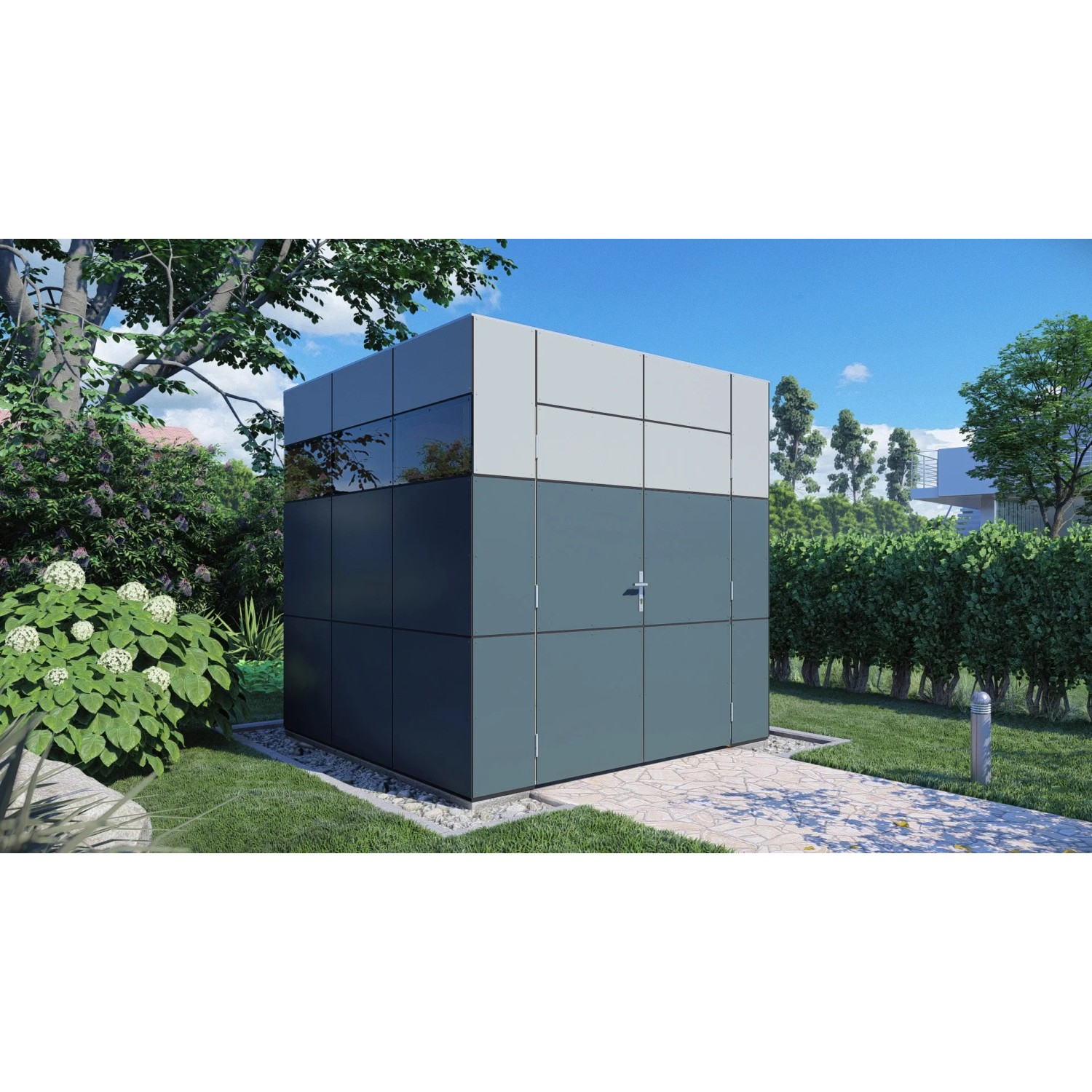 Modernes Bertilo Gartenhaus HPL 1 in Anthrazit-Grau (228x230cm) im Garten.