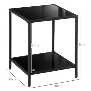 Schwarzer HOMCOM Beistelltisch aus Stahl und Glas, 40x40x50 cm, mit zwei Ablageflächen.