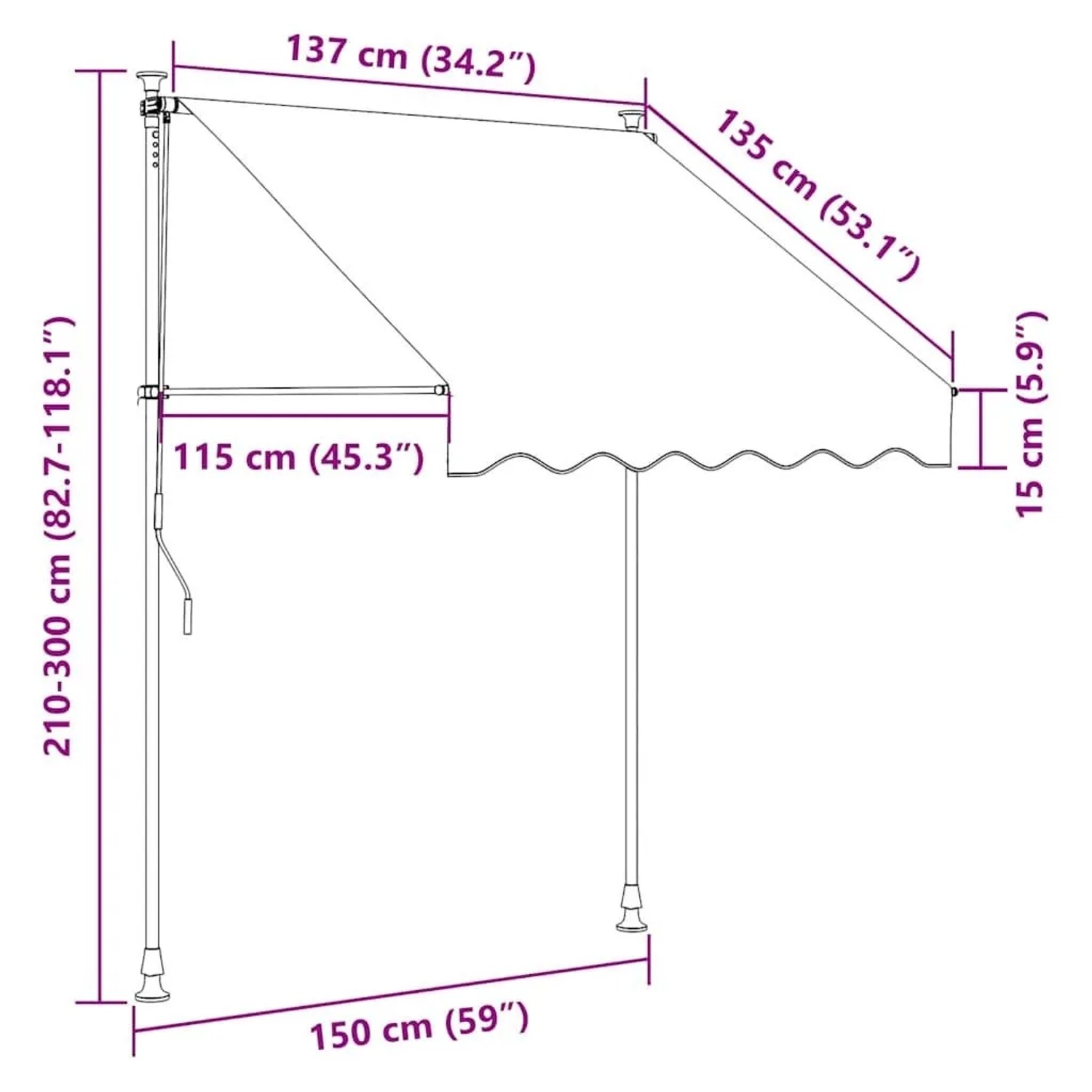 Abmessungen der vidaXL Einziehbaren Markise Anthrazit 150 cm. Zeigt Breite, Auszug, Montagehöhe und Handkurbel.