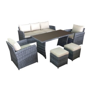 Graues 7-teiliges Rattan Gartenmöbel Lounge-Set Havanna mit Tisch, Sofa, Sesseln und Hockern.