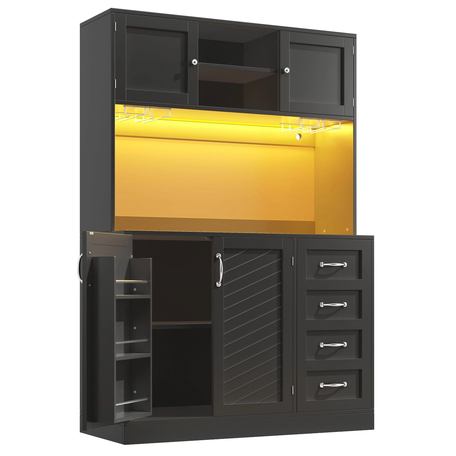 okwish Buffetschrank mit LED Beleuchtung Snackregal Getränkehalter Küche 120x40x188cm Schwarz