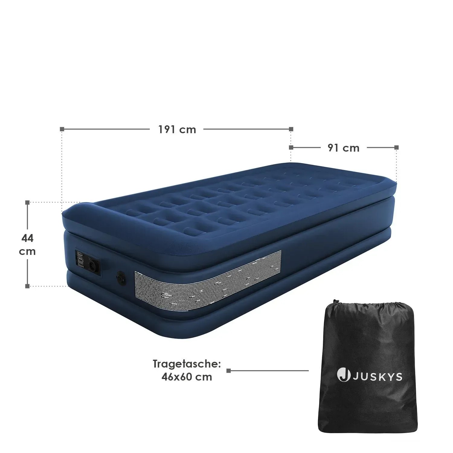 Blaues Juskys Luftbett Sapri M mit Maßen und Tragetasche.