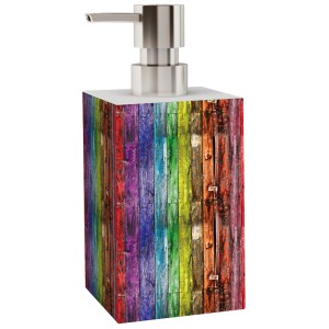 Sanilo Seifenspender Rainbow mit bunten Holz-Motiv und Edelstahlpumpe.