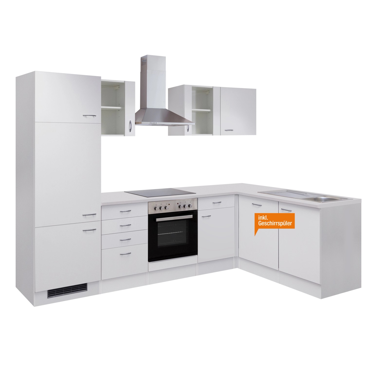 Weiße Flex-Well Winkelküche Wito 280 cm mit E-Geräten und Spüle.