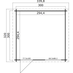 Grundriss Lasita Holz-Gartenhaus Wels 3, Schwedenrot, 339,8x320 cm. Abmessungen und Tür-/Fensterpositionen.