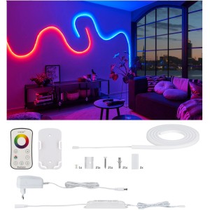 Paulmann MaxLED Flow RGB Set mit Fernbedienung, flexible LED-Streifen in Rot und Blau im Wohnraum.