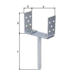 Verzinkter Alberts U-Pfostenträger mit Betonanker und Maßangaben für Pfostenmontage.