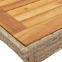 Detailansicht: Beige Garten-Essgruppe aus Rattan mit Akazienholz-Tischplatte.