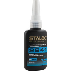 Schwarze Flasche mit weißem Verschluss, Staloc Schraubensicherung 2S41 mittelfest, blau, 50 ml für Gewinde bis M12.