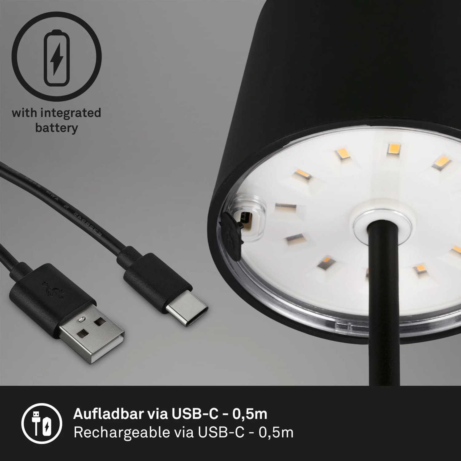 Schwarze Brilo Akku-Tischleuchte mit USB-C Kabel und integrierter Batterie. Außen-Dekoleuchte.