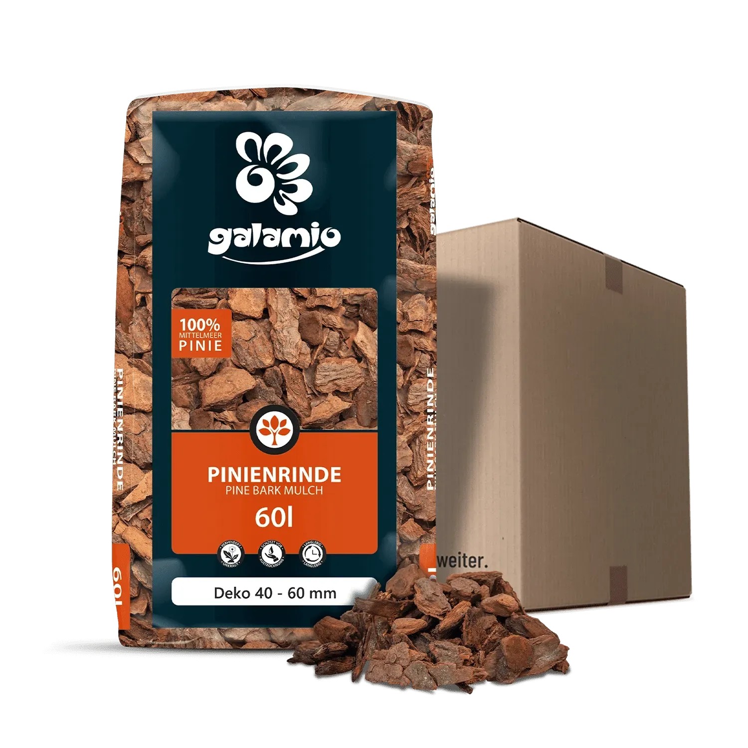 Galamio Pinienrinde Deko 60l Sack, rotbraune Mulch zur Bodenabdeckung und Gartendekoration.