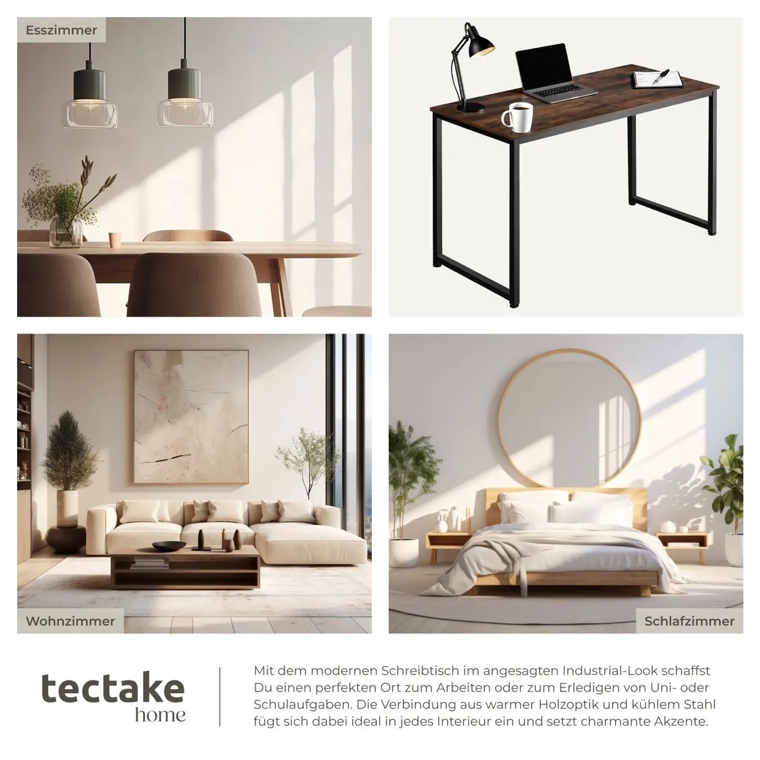 Tectake Schreibtisch Flint im Industrial Style mit Holz- und Stahl-Elementen.