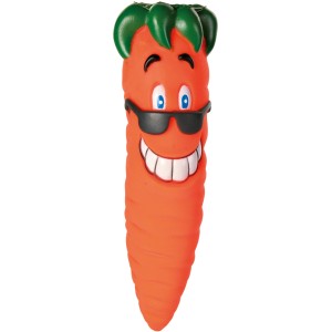 Trixie Kauspielzeug Karotte aus Vinyl, 20 cm, mit aufgedrucktem Gesicht und Sonnenbrille.