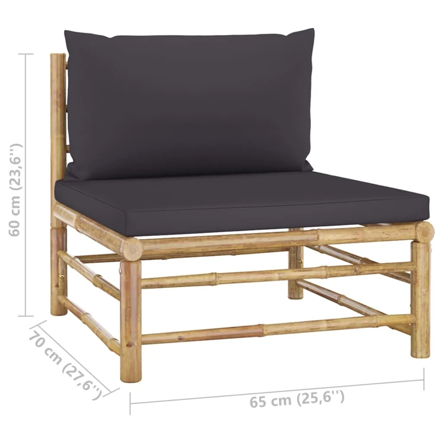 vidaXL Gartenlounge-Mittelteil aus Bambus mit dunkelgrauen Kissen.
