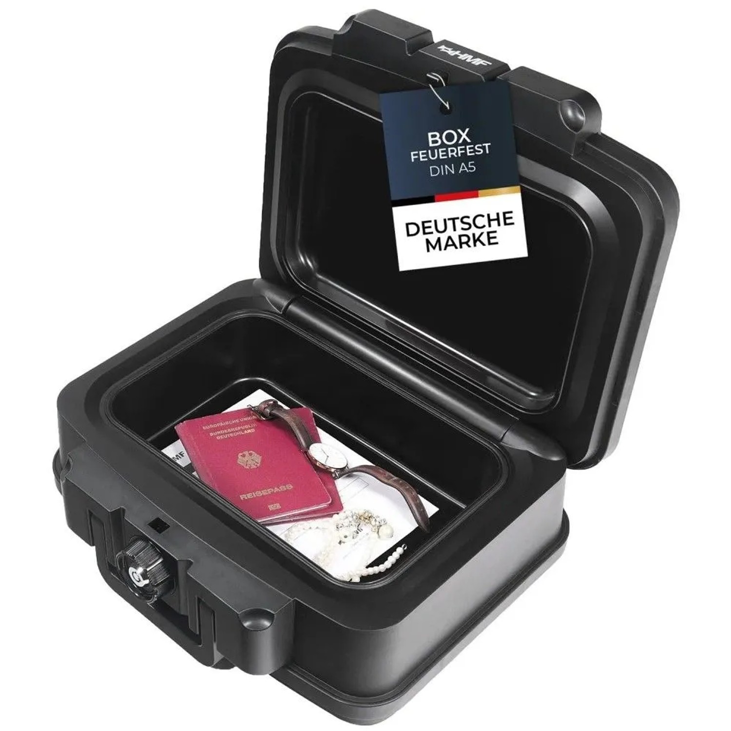 HMF 250451 Feuerfeste Wasserdichte Dokumentenbox DIN A5 38 x 16 x 28 cm Schwarz