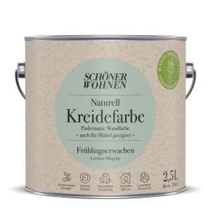Schöner Wohnen Kreidefarbe Frühlingserwachen, 2,5 l, pudermatte Wandfarbe in leichtem Olivgrün.