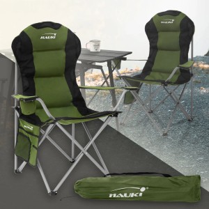 Hauki Campingstuhl, faltbar, Khaki, mit Getränkehalter und Tragetasche.