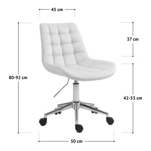 Grauer Svita Micky Kinder Bürostuhl mit Höhenverstellung und Rollen, seitliche Ansicht mit Maßangaben.