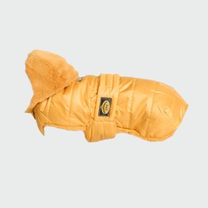 Ockergelber Fashion Dog Steppmantel, 43 cm, mit abnehmbarer Kapuze. Hundemantel für optimalen Kälteschutz.