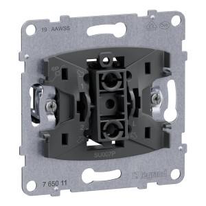 Legrand Tastereinsatz Seano 10 A mit Wechselkontakt, Rückansicht mit Details zu Anschlüssen und Montage.