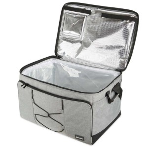 Offene, graue Bomoe IceBreezer KT53 Kühltasche mit silberner Innenbeschichtung.