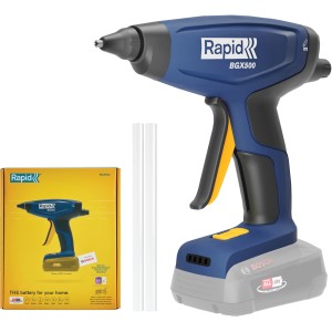 Rapid Akku-Heißklebepistole BGX500 18V mit Klebesticks und Verpackung.
