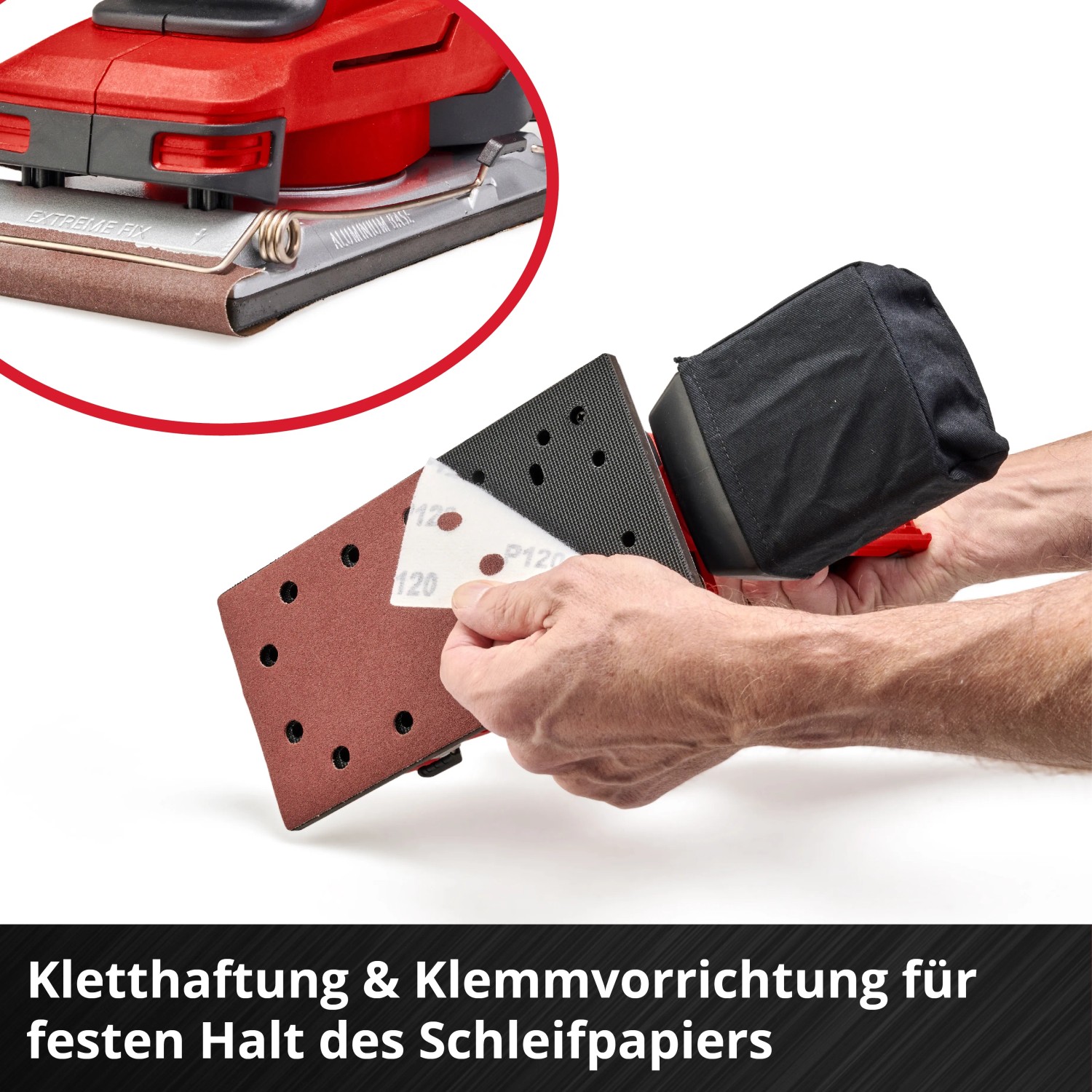 Einhell Akku-Schwingschleifer TE-OS 18/230 Li Solo mit Schleifpapier und Staubfangsack.