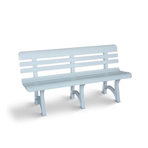 Weiße BICA Olimpia Gartenbank, 3-Sitzer aus Kunststoff, Lattenrost und geschwungene Füße.