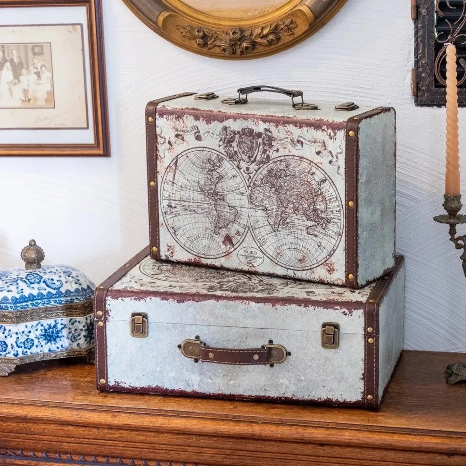 HMF VKO101 Vintage Vintage Koffer Truhe Holzkiste Holz 2er Set Versch Größen Deko Weltkarte