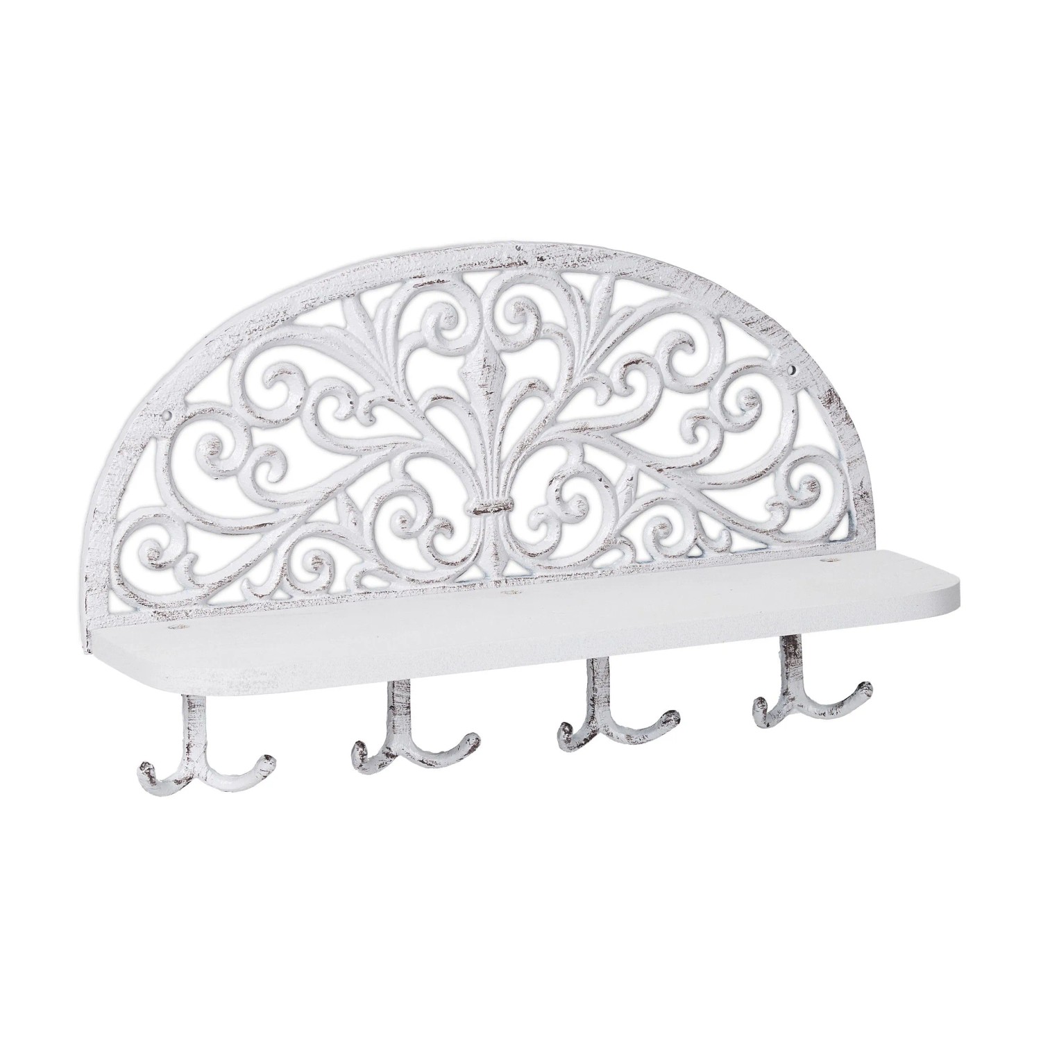 Relaxdays Wandgarderobe Gusseisen Holz Weiß mit Ablage und 4 Doppelhaken 23 cm x 39 cm x 11,5 cm 1,3 kg
